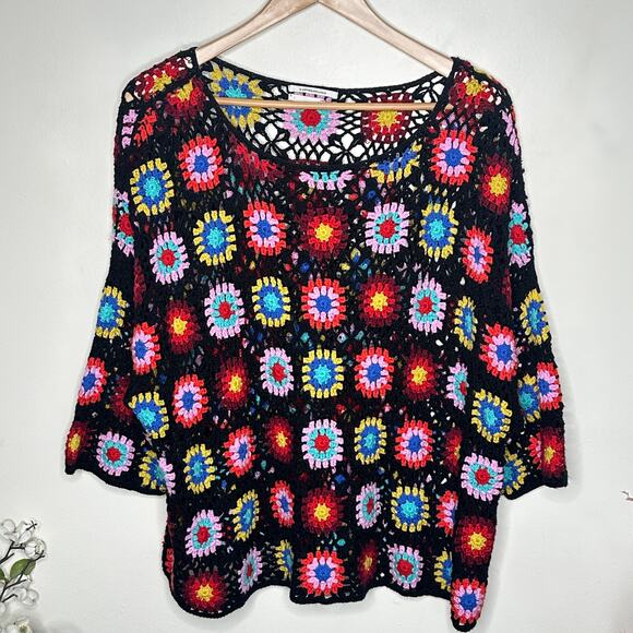 ANTHROPOLOGIE Magdalena Crochet Jumper Granny Square Black Multi Sz L {YY7} - Picture 3 of 6